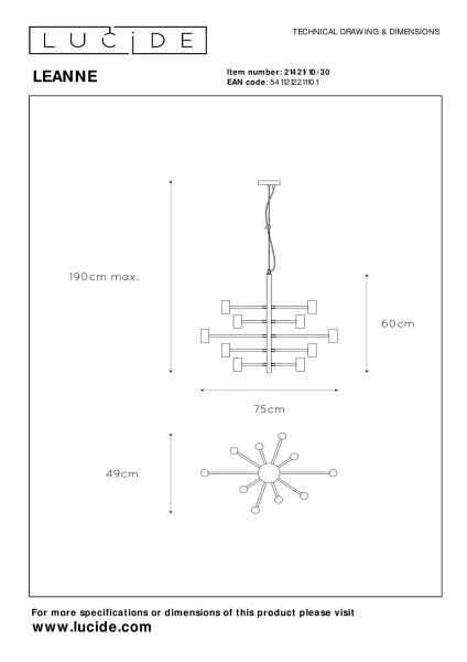 Lucide LEANNE - Lámpara colgante - Ø 65 cm - 10xE27 - Negro - técnico